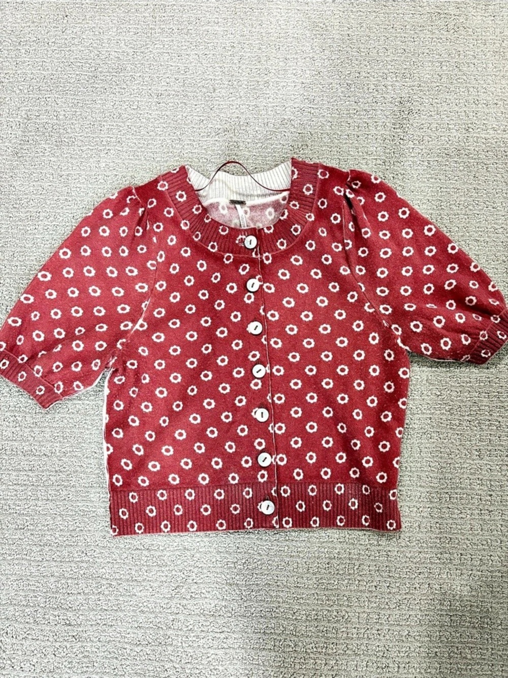 Free People Isla Patterned Cardi Red & White Floral Button Front Top